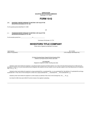 Thumbnail Investors Title Company
 10-Q Quarterly Report FY 