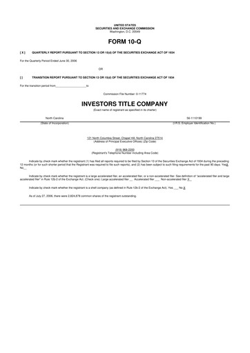 Thumbnail Investors Title Company
 10-Q Quarterly Report FY 