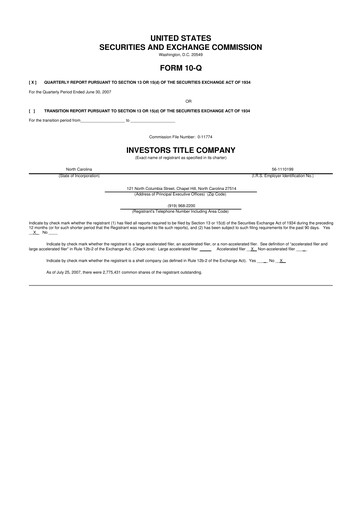 Thumbnail Investors Title Company
 10-Q Quarterly Report FY 