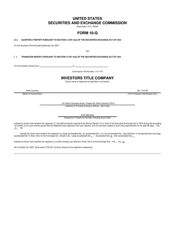 Thumbnail Investors Title Company
 10-Q Quarterly Report FY 