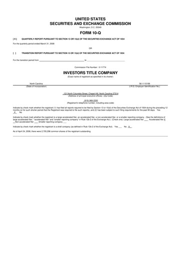 Thumbnail Investors Title Company
 10-Q Quarterly Report FY 