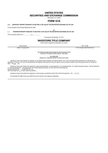 Thumbnail Investors Title Company
 10-Q Quarterly Report FY 
