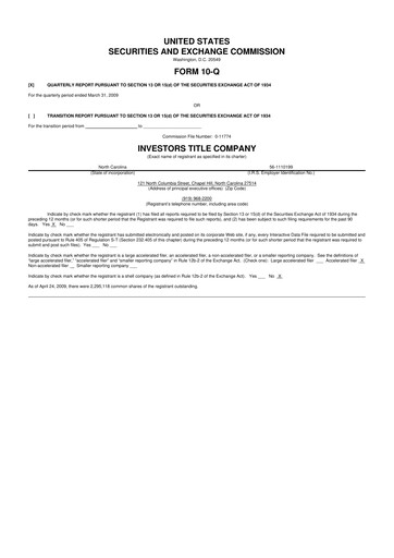 Thumbnail Investors Title Company
 10-Q Quarterly Report FY 