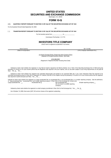 Thumbnail Investors Title Company
 10-Q Quarterly Report FY 