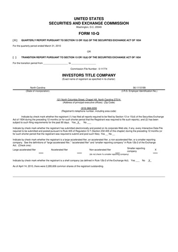 Thumbnail Investors Title Company
 10-Q Quarterly Report FY 