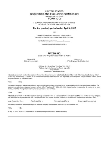 Miniature Pfizer 10-Q Rapport trimestriel 2010 