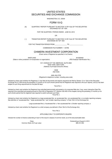 Thumbnail Chimera Investment Corporation 10-Q Quarterly Report FY2010 