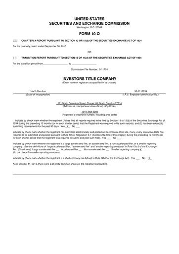 Thumbnail Investors Title Company
 10-Q Quarterly Report FY 