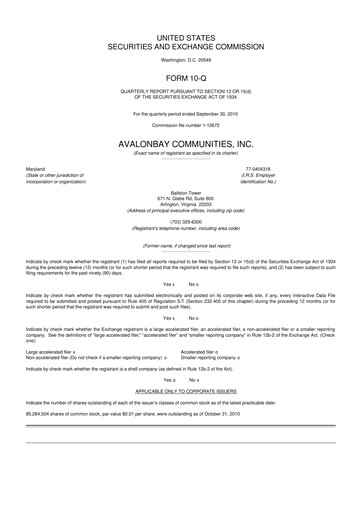 Miniature AvalonBay Communities 10-Q Rapport trimestriel 2010 