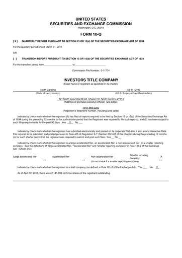 Thumbnail Investors Title Company
 10-Q Quarterly Report FY 