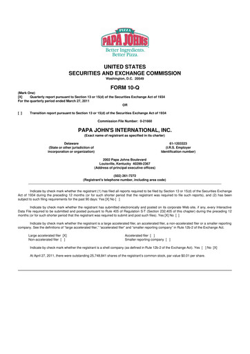 Thumbnail Papa John's Pizza
 10-Q Quarterly Report FY2011 