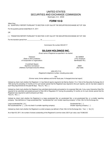 Thumbnail Silgan Holdings
 10-Q Quarterly Report FY2011 