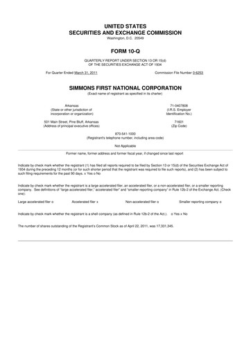 Thumbnail Simmons First National 10-Q Quarterly Report FY 