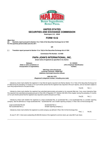 Thumbnail Papa John's Pizza
 10-Q Quarterly Report FY2011 