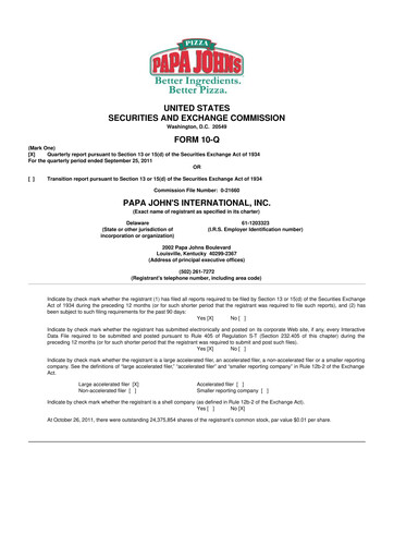 Thumbnail Papa John's Pizza
 10-Q Quarterly Report FY2011 