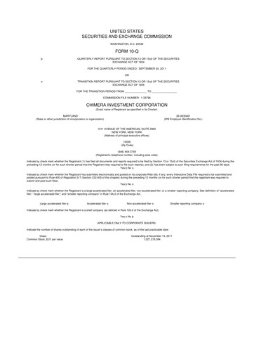 Thumbnail Chimera Investment Corporation 10-Q Quarterly Report FY2011 