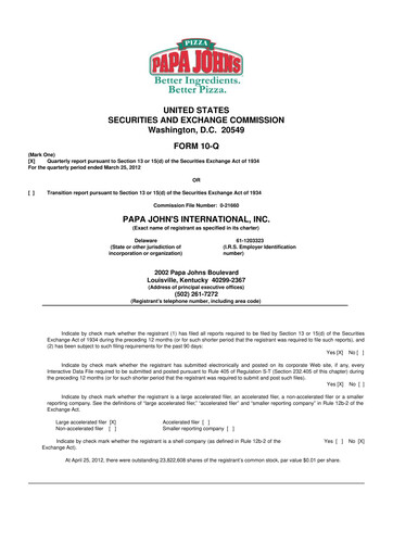 Thumbnail Papa John's Pizza
 10-Q Quarterly Report FY2012 