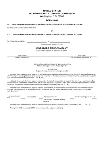 Thumbnail Investors Title Company
 10-Q Quarterly Report FY2012 