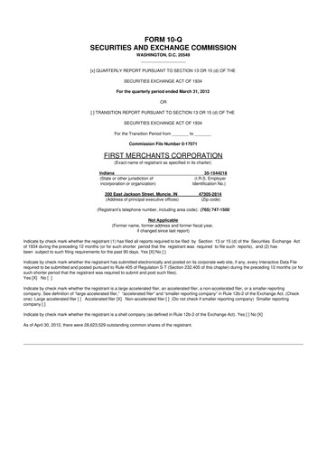 Thumbnail First Merchants Corporation
 10-Q Quarterly Report FY2012 