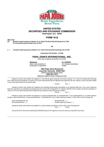 Thumbnail Papa John's Pizza
 10-Q Quarterly Report FY2012 