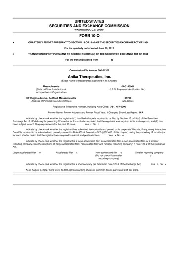 Thumbnail Anika Therapeutics 10-Q Quarterly Report FY2012 