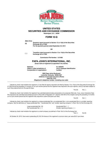 Thumbnail Papa John's Pizza
 10-Q Quarterly Report FY2012 