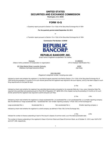 Thumbnail Republic Bank 10-Q Quarterly Report FY2012 