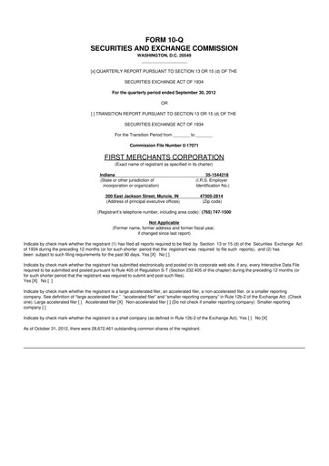 Thumbnail First Merchants Corporation
 10-Q Quarterly Report FY2012 