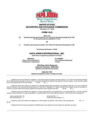Thumbnail Papa John's Pizza
 10-Q Quarterly Report FY2013 