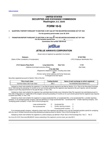 Thumbnail Jetblue Airways
 10-Q Quarterly Report FY2019 