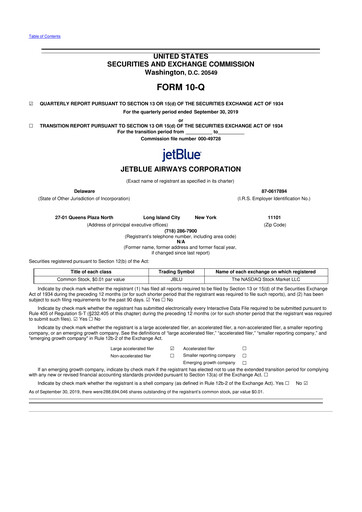 Thumbnail Jetblue Airways
 10-Q Quarterly Report FY2019 