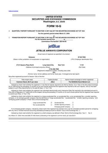 Thumbnail Jetblue Airways
 10-Q Quarterly Report FY2020 