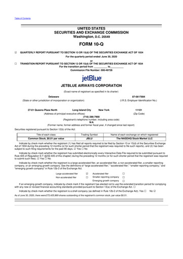 Thumbnail Jetblue Airways
 10-Q Quarterly Report FY2020 