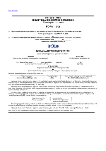 Thumbnail Jetblue Airways
 10-Q Quarterly Report FY2022 