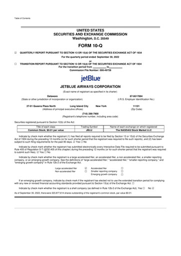 Thumbnail Jetblue Airways
 10-Q Quarterly Report FY2022 