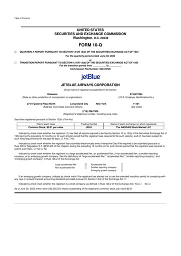 Thumbnail Jetblue Airways
 10-Q Quarterly Report FY2023 