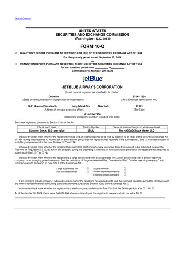 Thumbnail Jetblue Airways
 10-Q Quarterly Report FY2024 