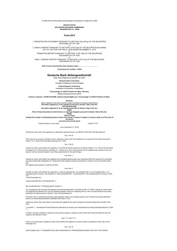 Miniature Deutsche Bank 20-F Rapport annuel 2019