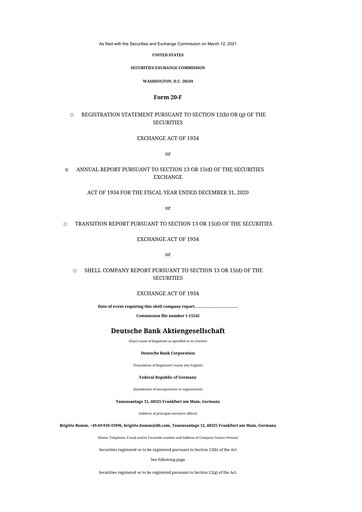 Miniature Deutsche Bank 20-F Rapport annuel 2020