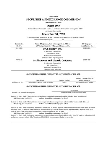 Thumbnail MGE Energy
 10-K Annual Report 2020