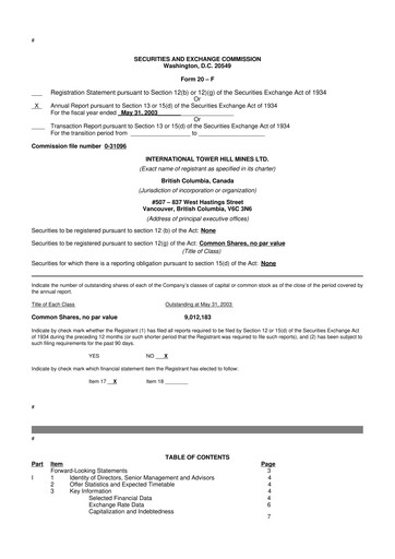 Thumbnail International Tower Hill Mines 20-F Annual Report 