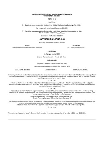 Thumbnail Northrim BanCorp 10-Q Quarterly Report FY2022 