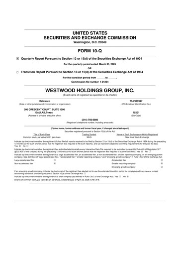 Miniature Westwood Holdings Group 10-Q Rapport trimestriel  