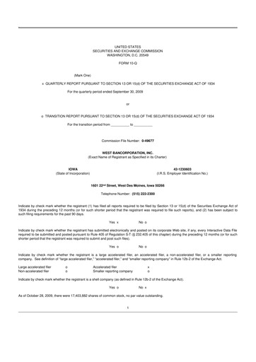 Thumbnail West Bancorporation 10-Q Quarterly Report FY 