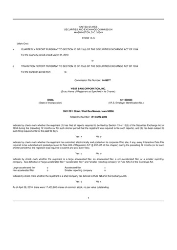 Thumbnail West Bancorporation 10-Q Quarterly Report FY 