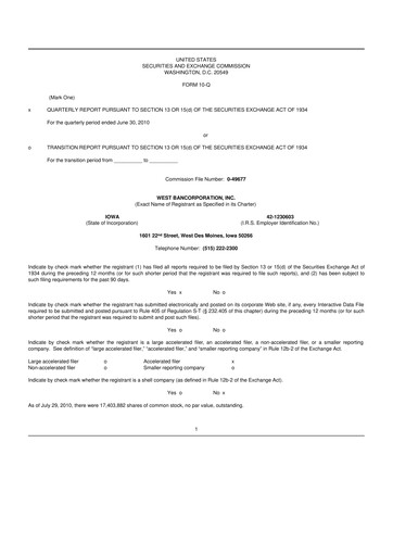 Thumbnail West Bancorporation 10-Q Quarterly Report FY 