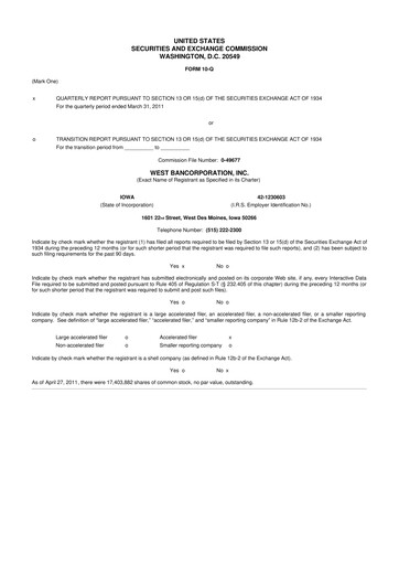 Thumbnail West Bancorporation 10-Q Quarterly Report FY 