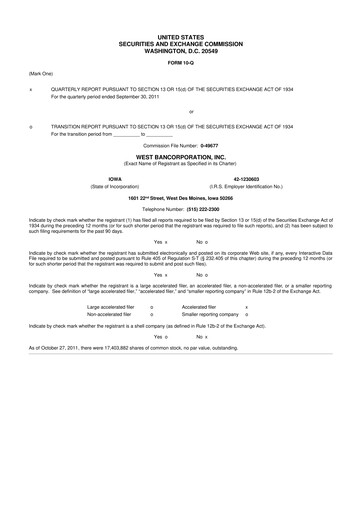 Thumbnail West Bancorporation 10-Q Quarterly Report FY2011 