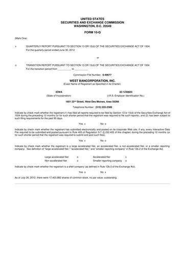 Thumbnail West Bancorporation 10-Q Quarterly Report FY2012 