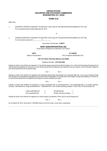 Thumbnail West Bancorporation 10-Q Quarterly Report FY2012 